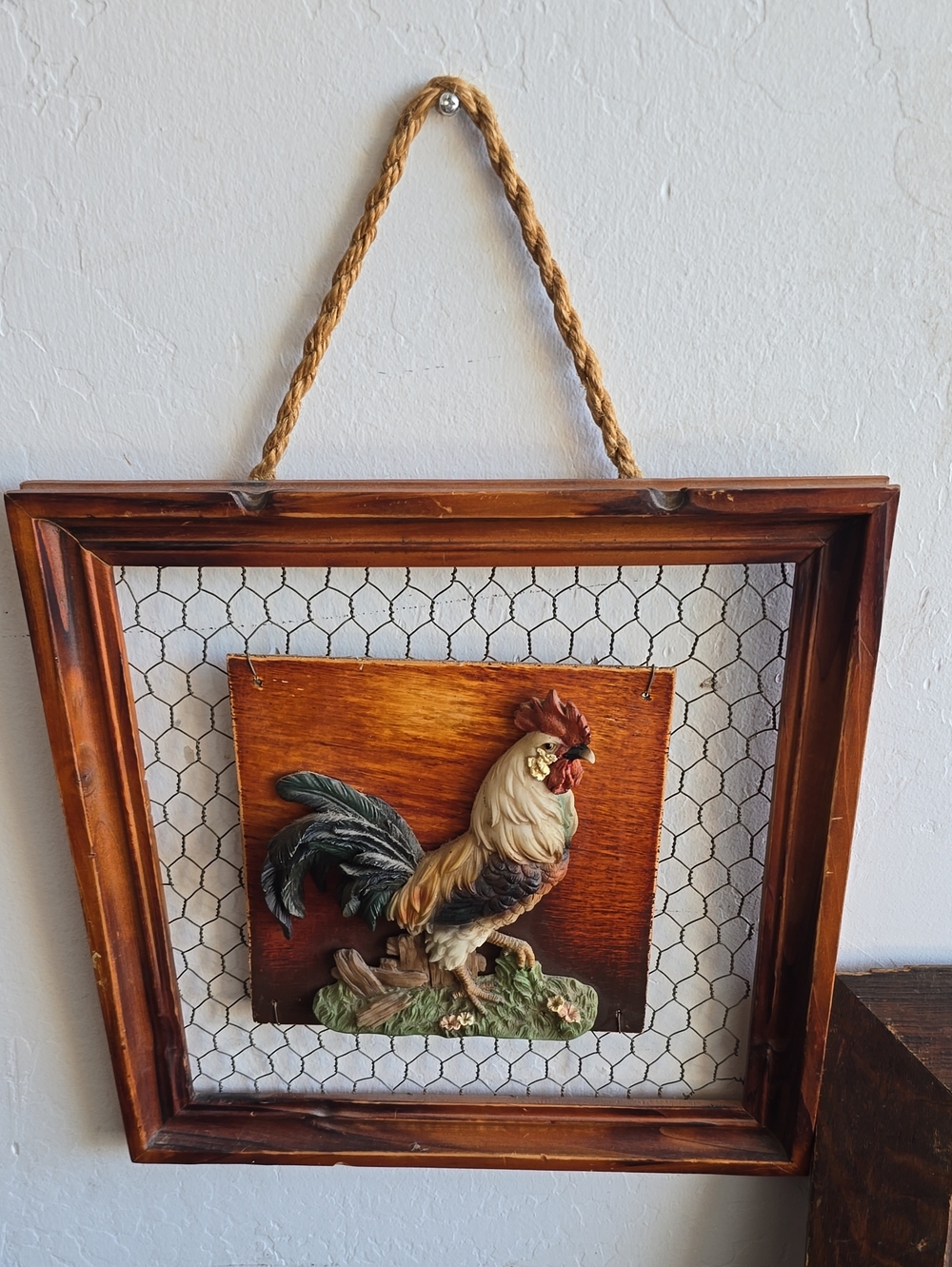 Vintage Framed 3D Rooster Wall Art - Brown, Cream, Green, Blue